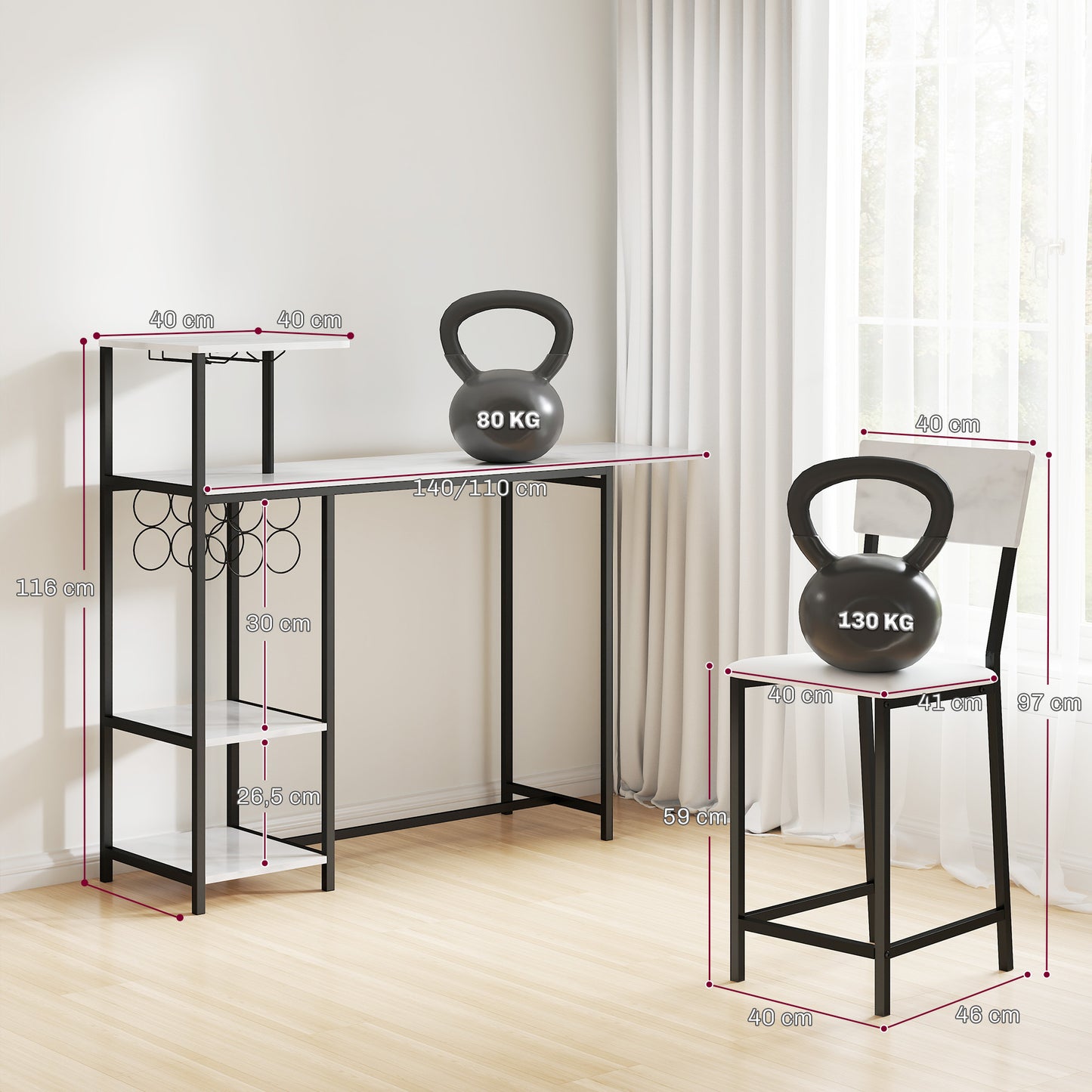 Bartafel Set – Bar Tafel – Statafel – Barkrukken Set – Hoge Tafel – Inklapbaar Tafelblad – Wijnrek Met Glashouders – Wit Marmerlook