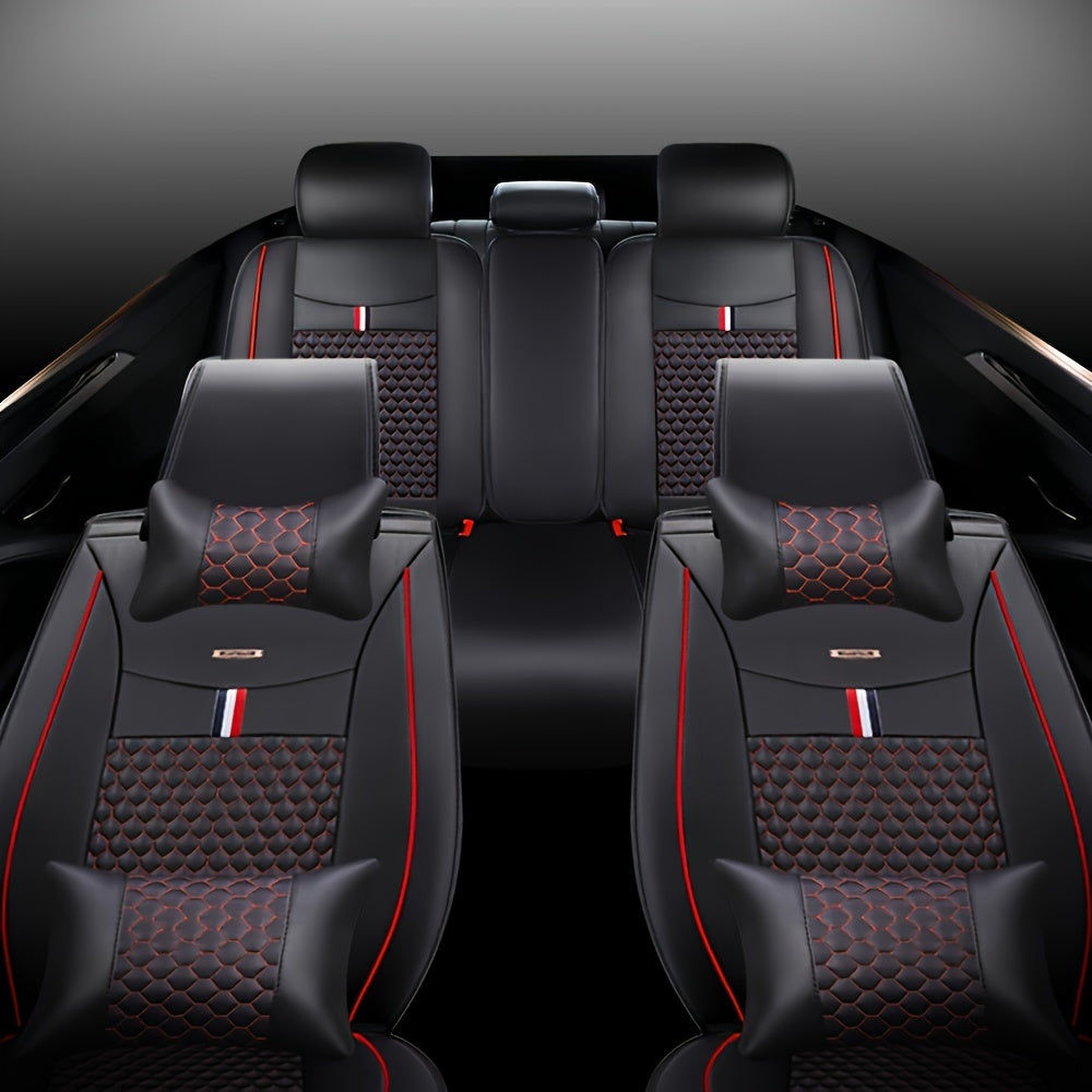Autostoelhoezen Set – Stoelhoezen Auto – Autostoel Bekleding – Auto Stoelhoes – Auto Interieur Bescherming – Universele Pasvorm – Waterdicht PU Leer – Met Hoofdsteun- en Lendenkussens – 5 Zits (Zwart Rood)