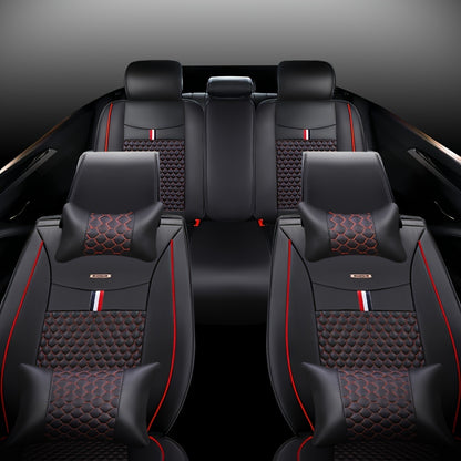 Autostoelhoezen Set – Stoelhoezen Auto – Autostoel Bekleding – Auto Stoelhoes – Auto Interieur Bescherming – Universele Pasvorm – Waterdicht PU Leer – Met Hoofdsteun- en Lendenkussens – 5 Zits (Zwart Rood)