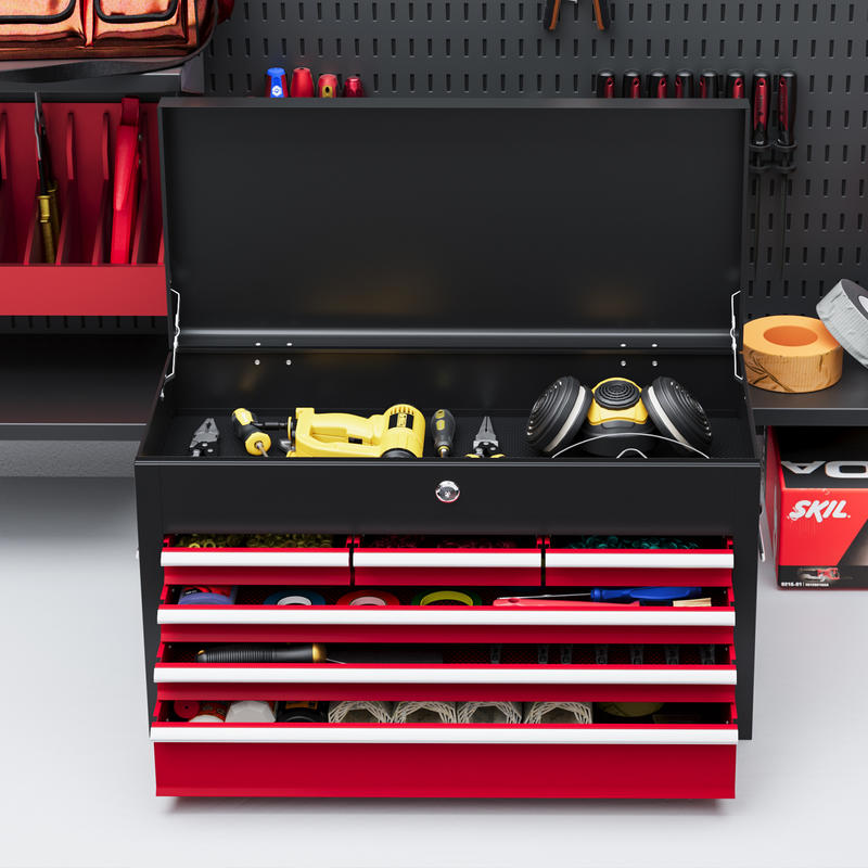 Opbergkist Gereedschapskist Toolbox Werkplaatskist Ladesysteem – Variant B20-107V00MX – Stevig Stalen Frame – Afsluitbaar Met Slot – 60x26x34 cm – Rood Zwart