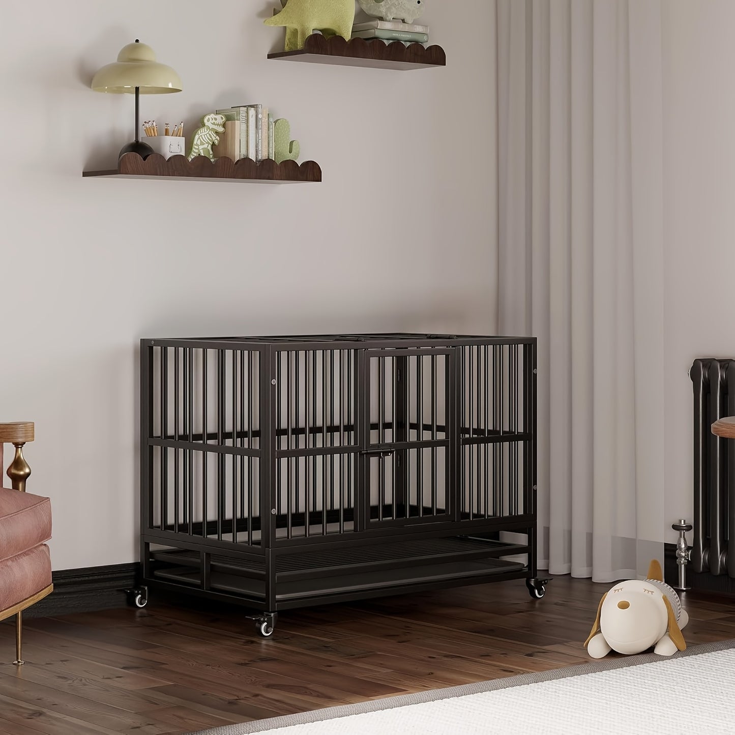 Hondenkooi – Hondenbench – Hondenkennel – Dierenkooi – Hondenhok – Met Wieltjes – Verstelbare Scheidingswand – 94x58x74 cm – Metaal – Geschikt Tot 30 kg