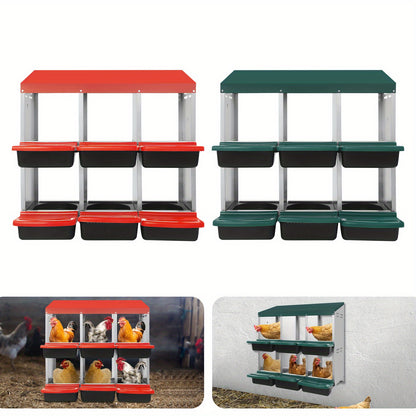 Kippennestkast – Legnestkast – Nestkast Voor Kippen – Kippenhok Nest – Eiernestkast – 6 Compartimenten – Gegalvaniseerd Staal en Kunststof – Automatisch Eierrolsysteem – Ventilatie – Rood