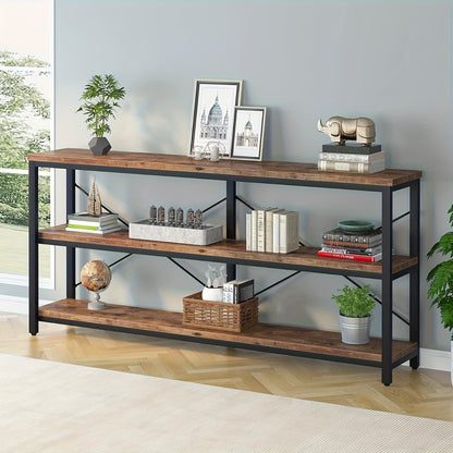 Sofa Tafel – Sidetable – Console Tafel – Opbergtafel – Haltafel – Rustiek Bruin – Extra Lang 180 cm – Metalen X-Frame – 3 Laags Opbergruimte – Verstelbare Voetjes