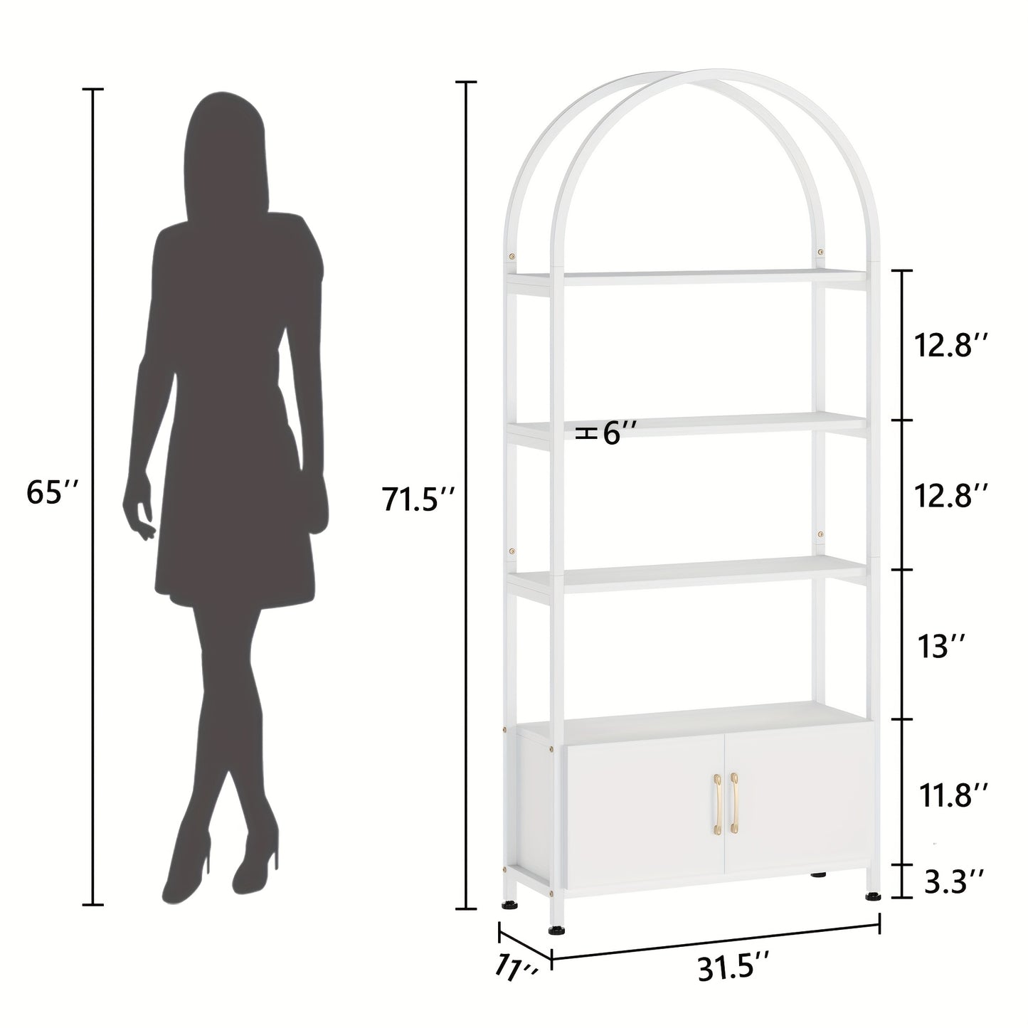 Boekenkast – Boekenrek – Opbergkast – Vakkenkast – Stellingkast – Industrieel Design – Met Metalen Frame & Witte Houtlook – 4-Lagens Met Deuren – Vrijstaand – 181 cm Hoog – Ruimtebesparend – Stevig & Duurzaam