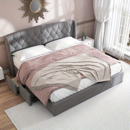 Bedframe – Stoffen Bed – Tweepersoonsbed – Opbergbed – Slaapbank – 180x200 cm – Met 4 Opberglades – Stevige Draadbodem