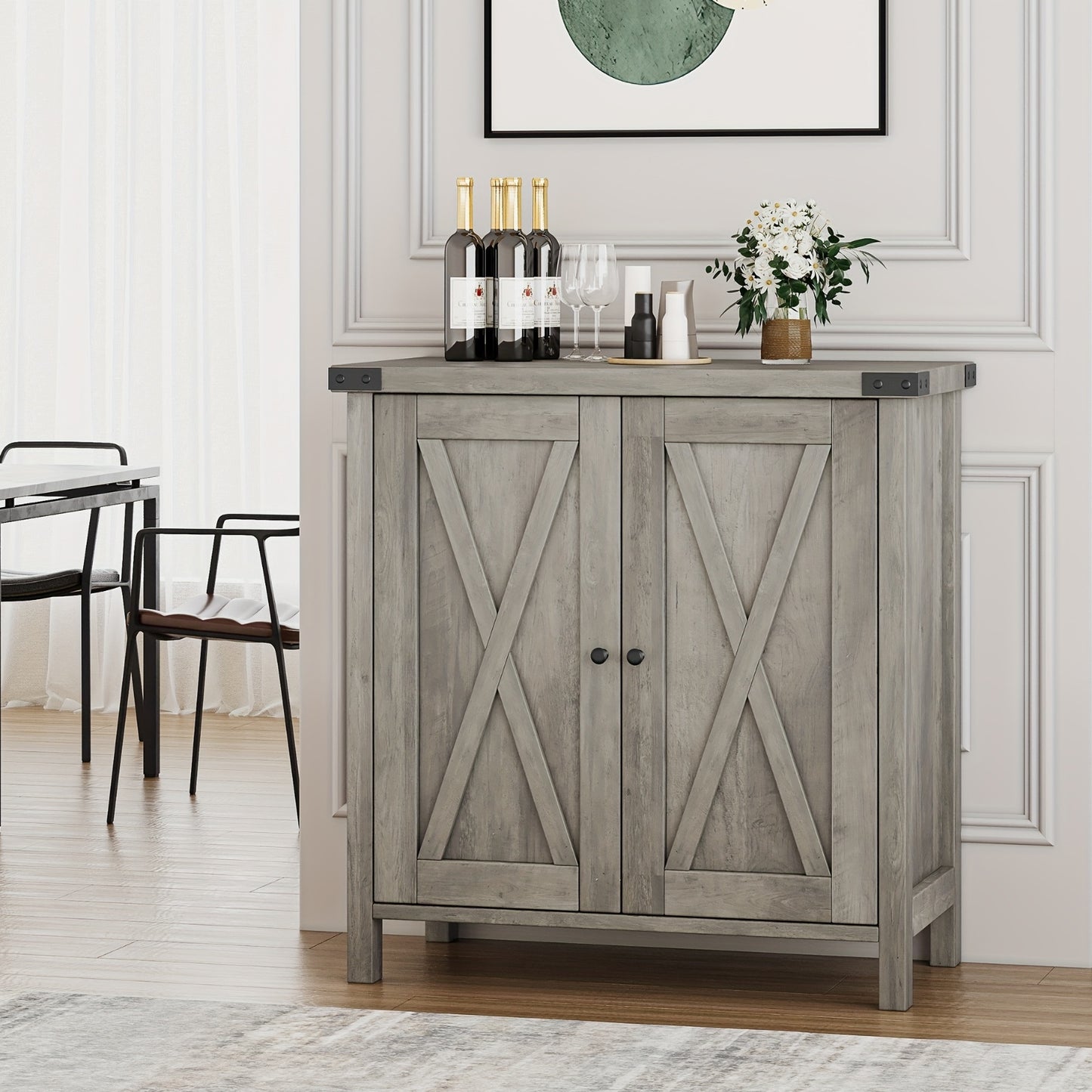 Buffetkast – Buffetkastje – Dressoir – Opbergkast – Kastje – Grijs – Massief Hout & Metaal – Verstelbare Plank – Vrijstaand – Industrieel Vintage Design