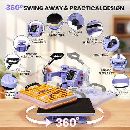 Transferpers – Hittepers – Warmte Persmachine – Heat Press – Textielpers – 38,1x30,48 cm – 8-in-1 Multifunctioneel – 360° Swing-Away Functioneel