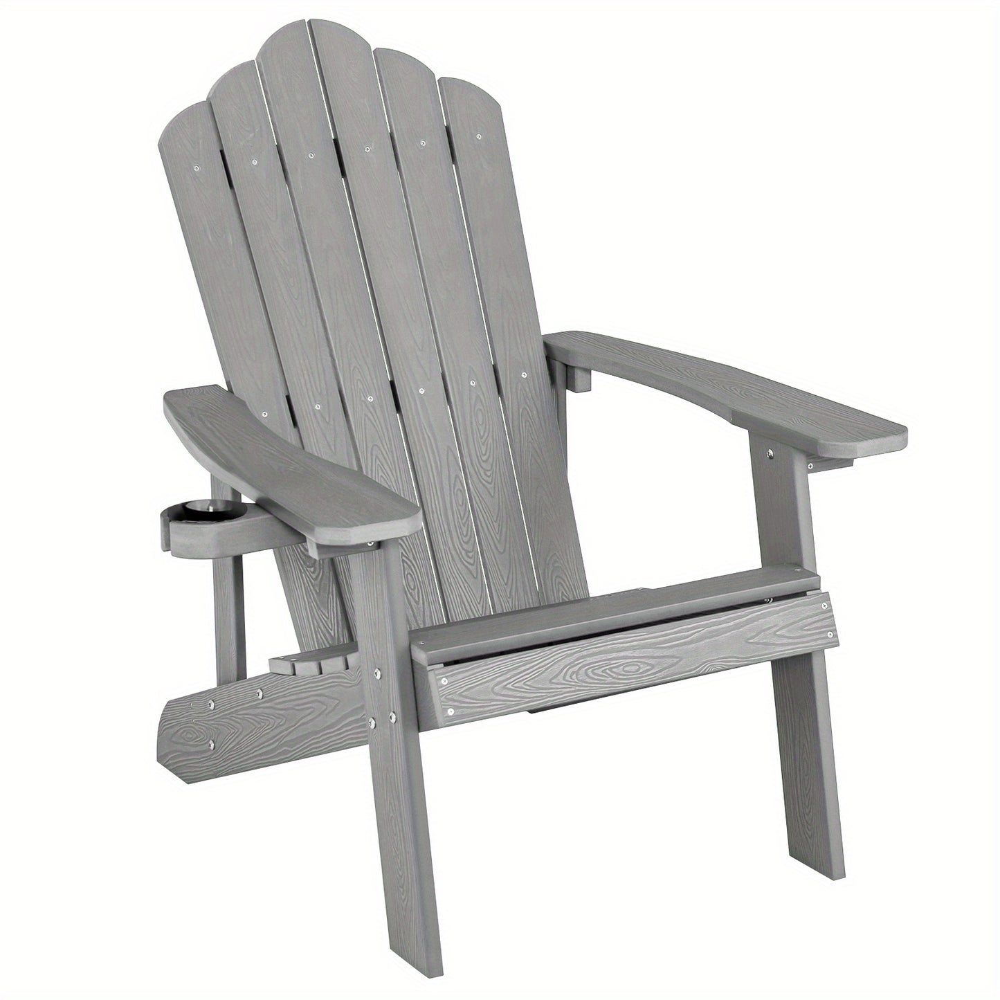 Adirondackstoel – Tuinstoel – Buitenstoel – Klapstoel – Terrasstoel – Weerbestendig HIPS Materiaal – Stevige 304 RVS Constructie – Brede Zitting Met Bekerhouder – Ergonomische Rugleuning 105° – Grijs Houtnerf Design