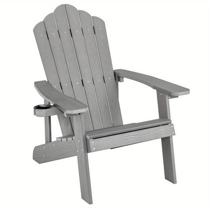 Adirondackstoel – Tuinstoel – Buitenstoel – Klapstoel – Terrasstoel – Weerbestendig HIPS Materiaal – Stevige 304 RVS Constructie – Brede Zitting Met Bekerhouder – Ergonomische Rugleuning 105° – Grijs Houtnerf Design