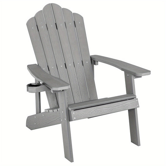 Adirondackstoel – Tuinstoel – Buitenstoel – Klapstoel – Terrasstoel – Weerbestendig HIPS Materiaal – Stevige 304 RVS Constructie – Brede Zitting Met Bekerhouder – Ergonomische Rugleuning 105° – Grijs Houtnerf Design