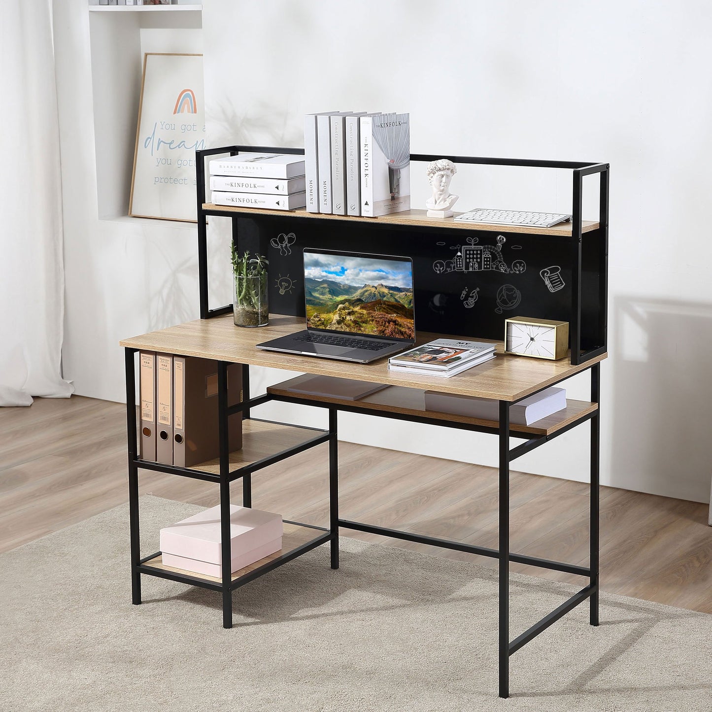 Computertafel – Bureau – Computerbureau – Bureautafel – Laptoptafel – Industrieel Design – Groot Werkblad 120x53 cm – Zwart Metalen Frame & Licht Eiken