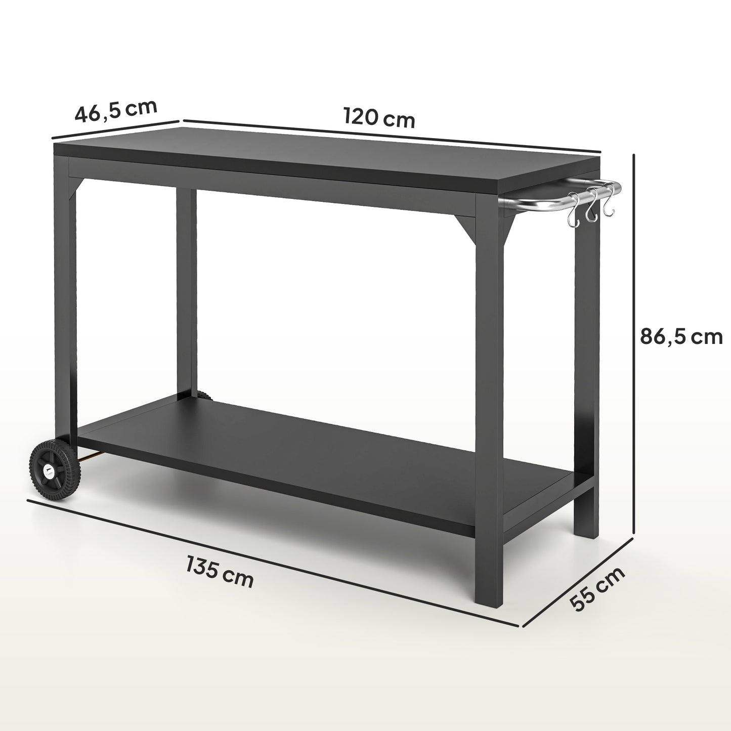 Tuinwagen – Tuinkar – Tuintrolley – Servierwagen – Bolderkar – Epoxy Gecoat Staal – Groot Werkblad 135x46x86 cm