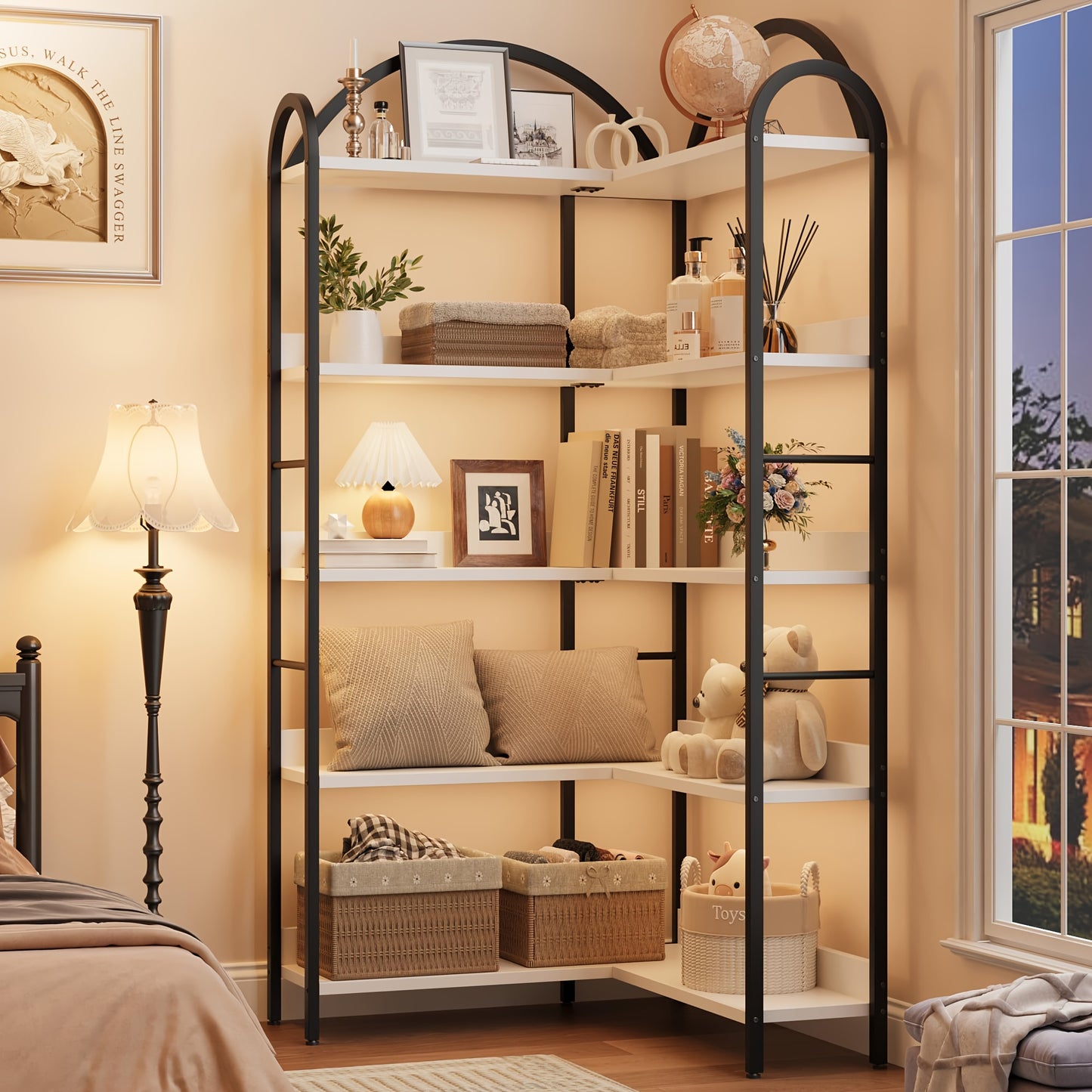Boekenkast – Boekenplank – Wandrek – Kasten – Opbergkast – Extra Hoge 5-Lagen L-Vormige Boekenplank – Industrieel Metaal & MDF – 173,99 cm Hoog – Zwarte Hoekschilf Unit