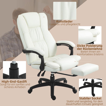 Adjustable Height Swivel Office Chair with Footrest & Massage Function - Heavy-Duty Metal Frame, Ergonomic High-Back Design, Cream White, Height-Adjustable Mechanism, 5-Wheel Base with 360° Rotation for Home Office & Profess