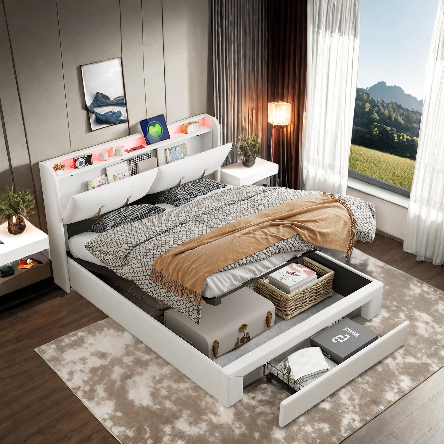 Tweepersoonsbed – Bed – Ledikant – Boxspring – Slaapbank – Gebroken Wit – 160x200 cm – Opbergruimte Hoofdbord – Geïntegreerde USB-poort & LED-sfeerverlichting
