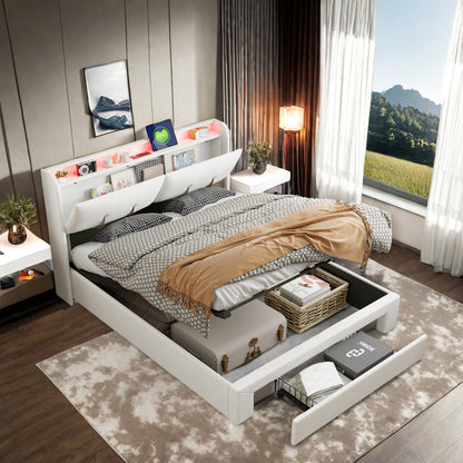 Tweepersoonsbed – Bed – Ledikant – Boxspring – Slaapbank – Gebroken Wit – 160x200 cm – Opbergruimte Hoofdbord – Geïntegreerde USB-poort & LED-sfeerverlichting