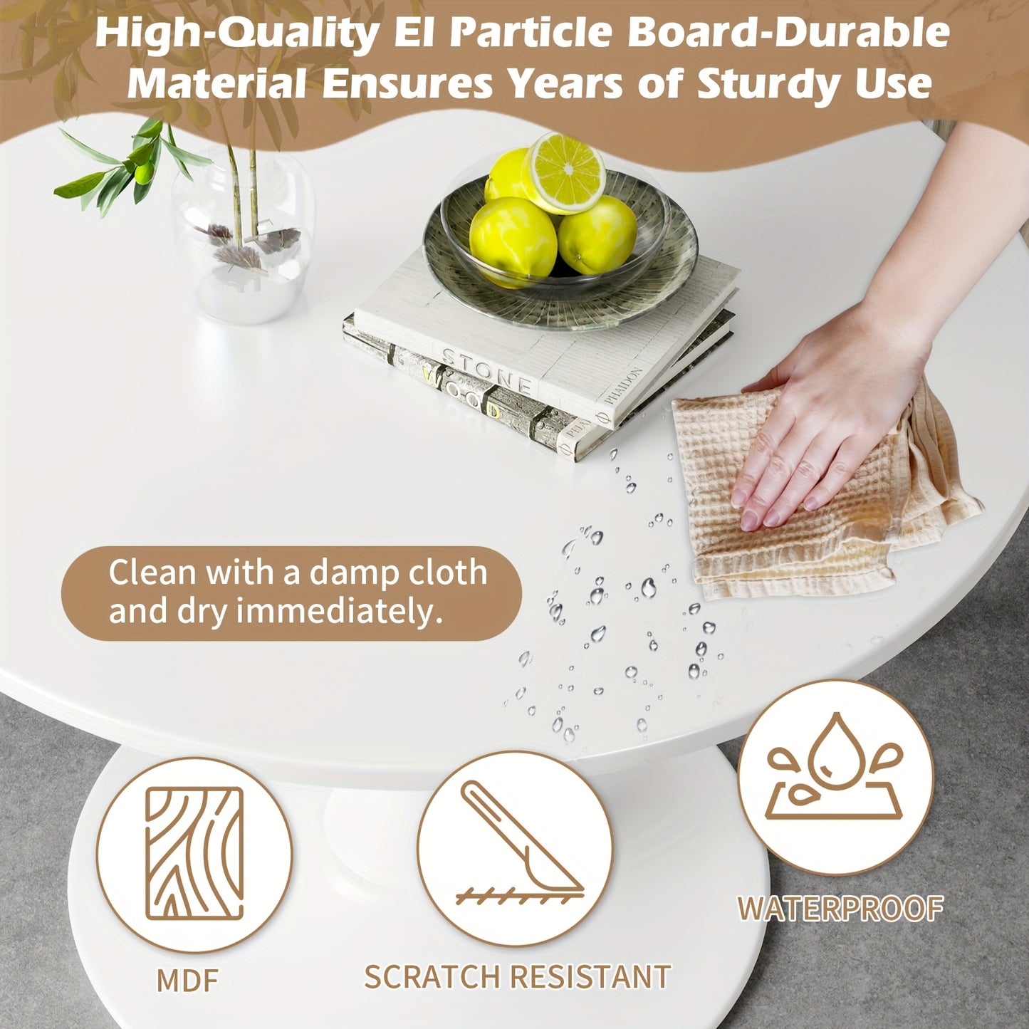 Ronde Eettafel – Keukentafel – Salontafel – Bijzettafel – Tafel Voor 2-4 Personen – Wit Marmeren Blad – Stabiele Metalen Onderstel