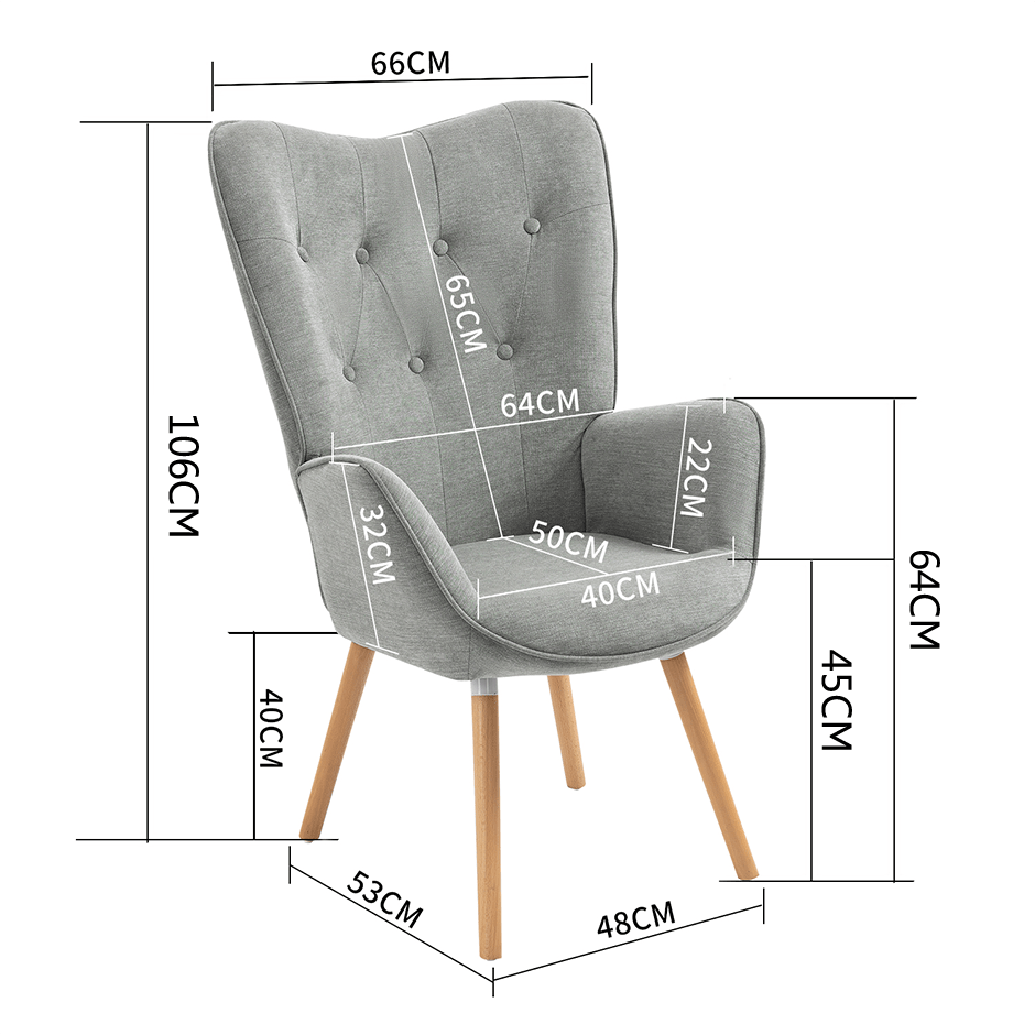 Fauteuil Scandinavisch – Zithoekstoel – Leunstoel – Lounge Chair – Relaxstoel – Grijs Stof – Houten Armleuningen – Afmeting 66x71x109 cm