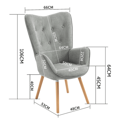Fauteuil Scandinavisch – Zithoekstoel – Leunstoel – Lounge Chair – Relaxstoel – Grijs Stof – Houten Armleuningen – Afmeting 66x71x109 cm