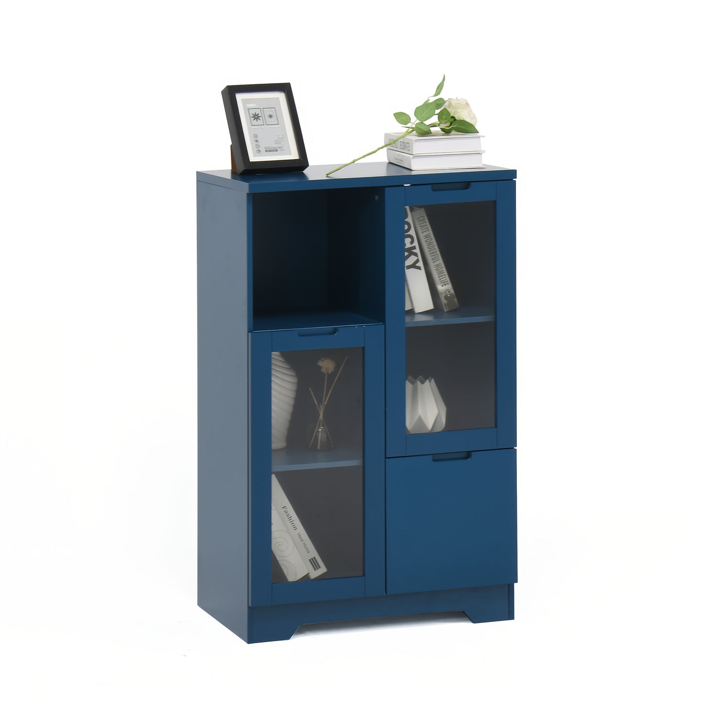 Kledingkast – Garderobekast – Opbergkast – Dressoir – Wandkast – Blauw Lacquered MDF – Glazen Deuren & Laden – Compact Minder Dan 70 cm Hoog