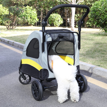 Pet Travel Stroller: Dog Stroller Pet Jogger Wagon Travel One-key Folding with 4 Heavy Wheels, Adjustable Handle for Small Dogs and Cats, Rear Brake, Security Leash