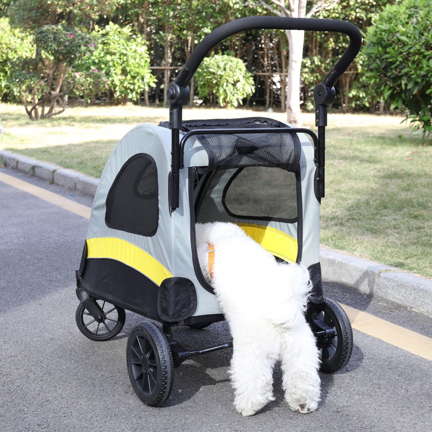Pet Travel Stroller: Dog Stroller Pet Jogger Wagon Travel One-key Folding with 4 Heavy Wheels, Adjustable Handle for Small Dogs and Cats, Rear Brake, Security Leash