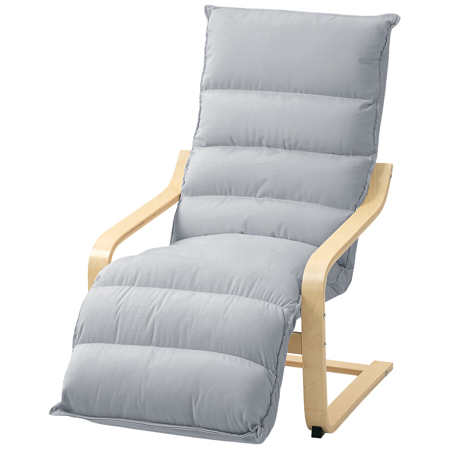 Loungestoel – Fauteuil – Relaxstoel – Leunstoel – Zithoekstoel – Massief Berkenhout – Verstelbare Voetensteun – Lichtgrijze Stoffering – Modern Design