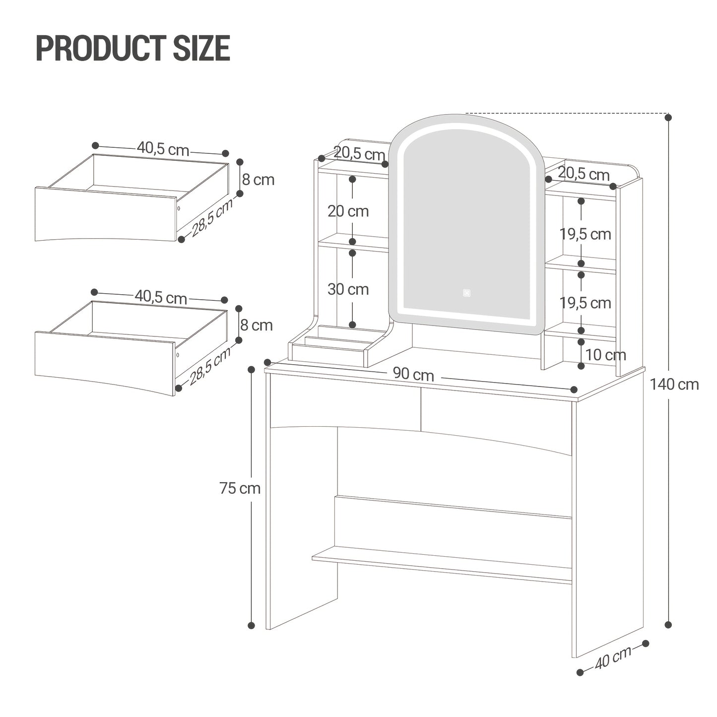 Kaptafel – Make-up Tafel – Vanity Tafel – Cosmeticatafel – Opmaaktafel – Wit houten design – Ronde LED Spiegel 90 cm – Verborgen sieradenlade – 3,2 kubieke voet opbergruimte – Zonder stroom – Eenvoudige montage