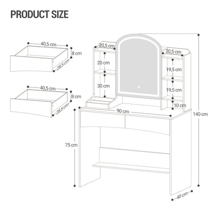 Kaptafel – Make-up Tafel – Vanity Tafel – Cosmeticatafel – Opmaaktafel – Wit houten design – Ronde LED Spiegel 90 cm – Verborgen sieradenlade – 3,2 kubieke voet opbergruimte – Zonder stroom – Eenvoudige montage