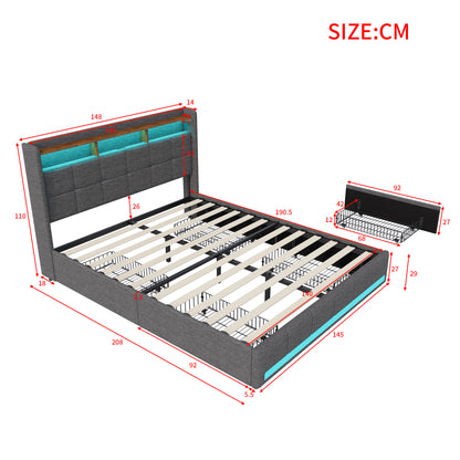 Double Bed with Storage, LED Lighting, 4 Drawers, Storage Function, USB Charging, Quick Assembly, Metal And Linen Bed Frame, Classic, for Adults, Ideal for 8Mj4Txd Bedroom.