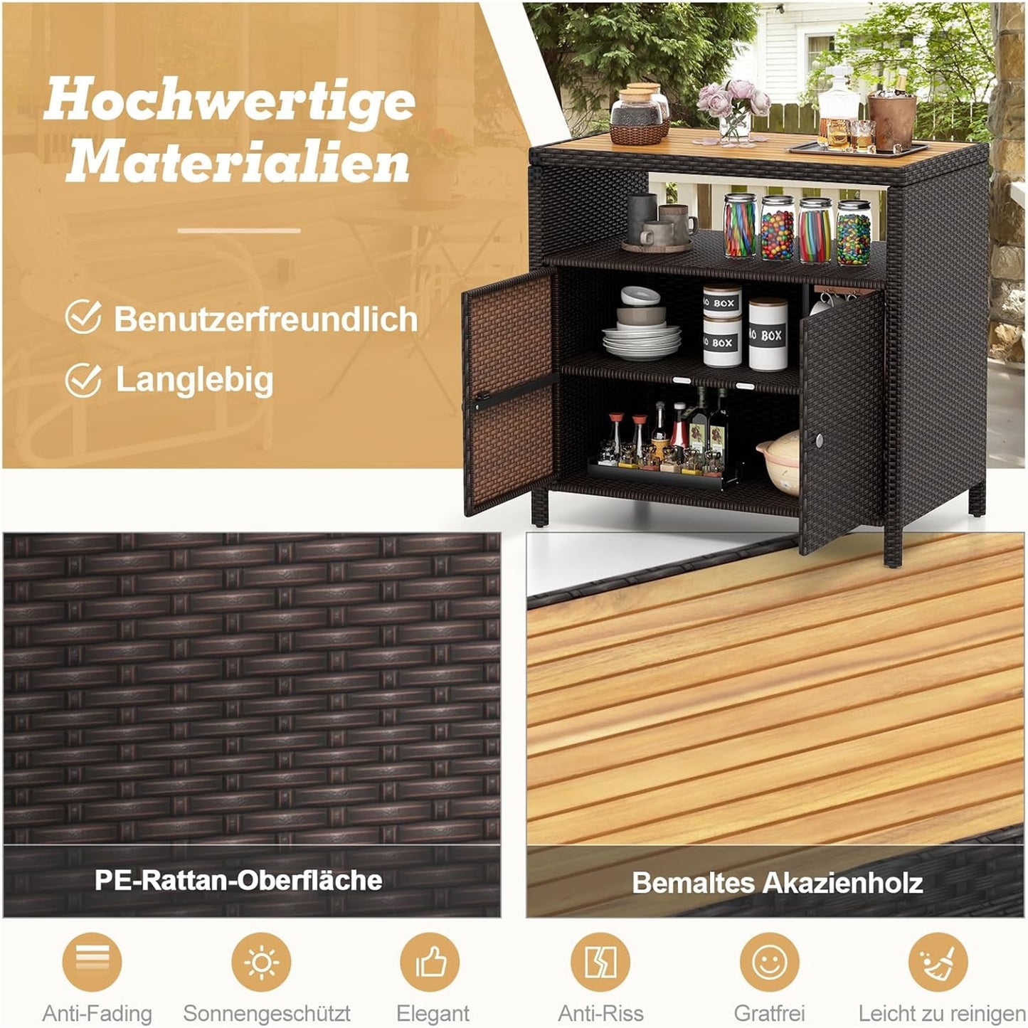 Tuinkast Rattan Opbergkast Bergkast Buitenopberger Terraskast – Bruin – Acaciahouten Werkblad – Verstelbare Voetjes – 90x53x86 cm