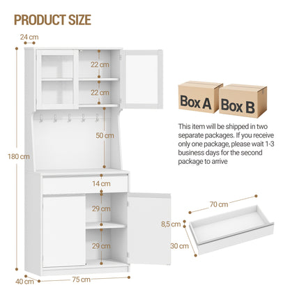 Kitchen Cabinet, High Sideboard, Storage Cabinet with Worktop And 4 Storage Compartments, Adjustable Shelves, Kitchen, Living Room, 40 X 75 X 180cm, Natural White, Kitchen Organizers And Storage, Kitchen Pantry, Kitchen Stora