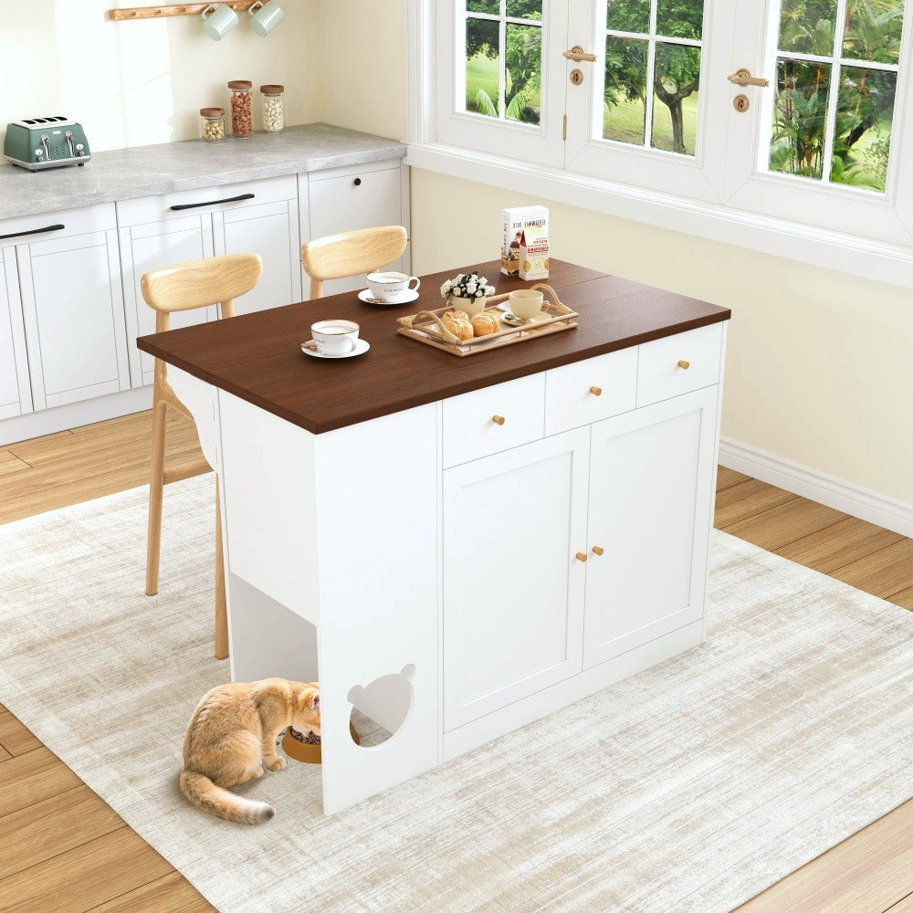 Keukeneiland – Keukentrolley – Keukenwagen – Kitchen Sideboard – Opbergmeubel – Uitschuifbaar Werkblad 120x70 cm – Ingebouwd Kruidenrek – Huisdier Voerplek Wit/Walnoot