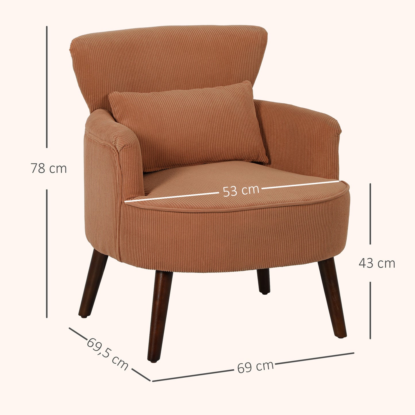 Fauteuil – Accentstoel – Loungestoel – Leunstoel – Zitstoel – Oranje Kleur – Rubberwood Poten – Inclusief Lendenkussen