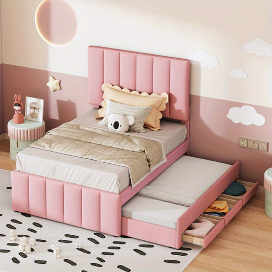 Eenpersoonsbed – Kinderbed – Kinderkamerbed – Jongensbed – Logeerbed – Vintage Stijl – 90x200 cm – Lichtbeige Linnen Bekleding – Opberglade – Direct Gebruiksklaar