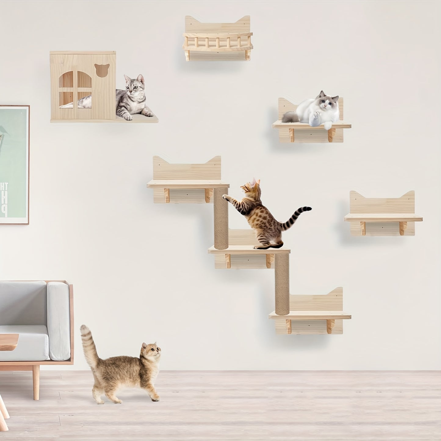 Krabpaal – Kattenboom – Krabmeubel – Kattenhuis – Klimmeubel – Muurbevestigd – Stevig Houten Design – Ruimtebesparend 9-delige Set – Draagt Tot 11,34 Kg