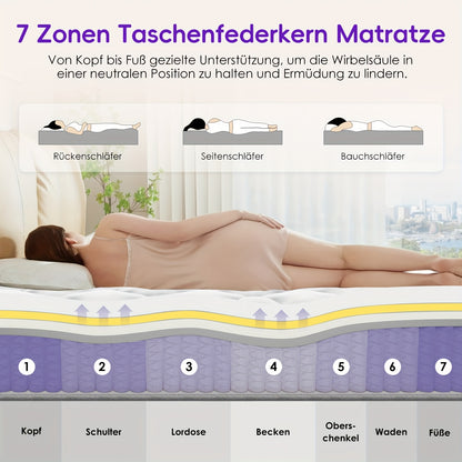 7-Zone Pocket Spring Mattress, 90×200 Cm, 22 Cm Height, Foam And Ergonomic Support, Firmness H3, Includes Fitted Sheet, Ideal for Adults.