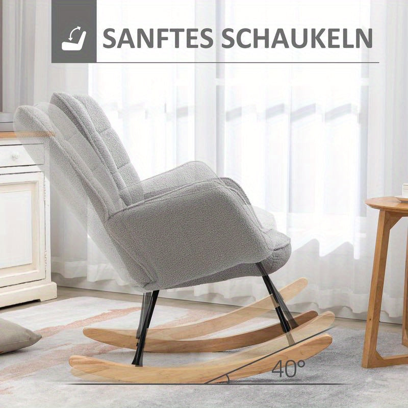 Schommelstoel – Schommelstoel Retro – Schommelstoel Hout – Loungestoel – Schommelstoel Ergonomisch – Stevig Massief Hout – Comfortabele Lichtgrijze Bekleding – Compact 71x92x101 cm