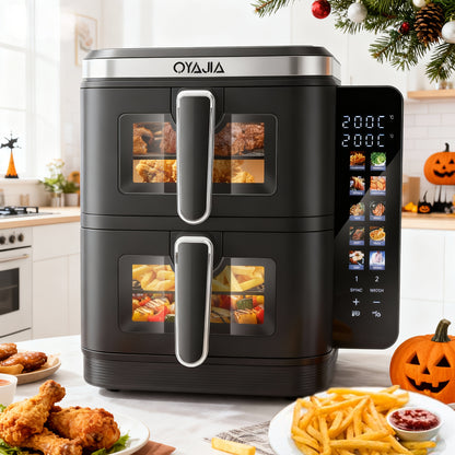 Airfryer – Heteluchtfriteuse – Dubbele Mand – Dubbele Lade – XXL Heteluchtoven – 11L Capaciteit – Verticaal Stapelbaar – PFAS-vrij – 2800W – 10 Kookprogramma’s – Sync & Match Functie