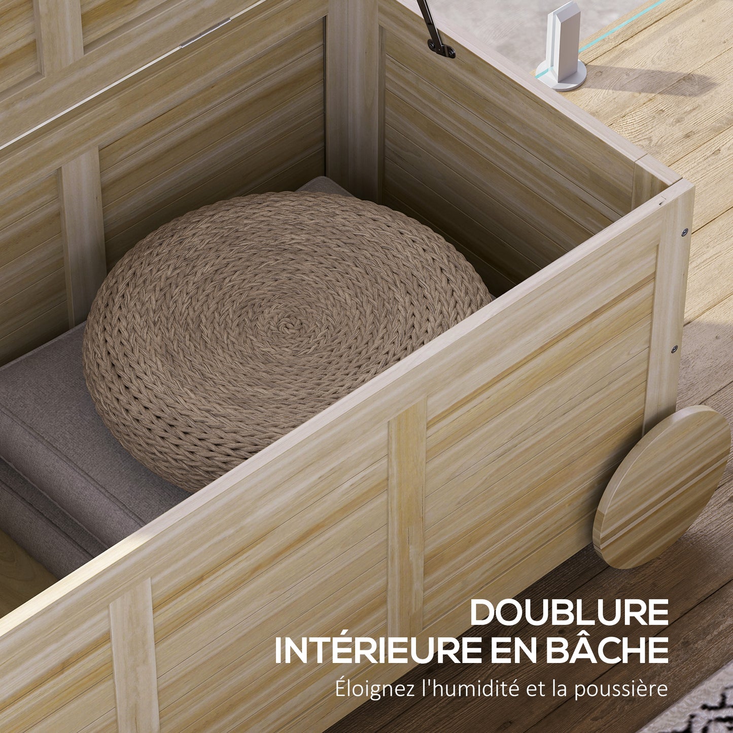 Outsunny Outdoor Storage Chest, Wooden Storage Crate, 185L, with Casters and Weatherproof Interior Cover, 110 x 50 x 50 cm, Natural Wood