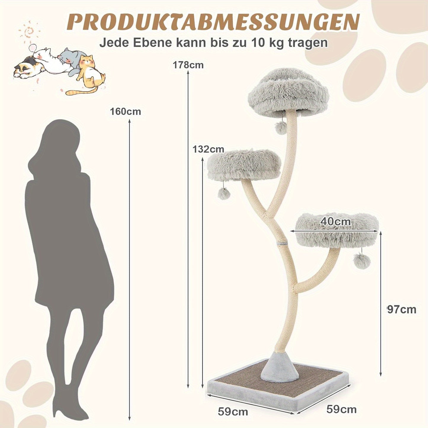 Krabpaal – Kattenboom – Kattenkrabpaal – Krabmeubel – Kattenhuis – 178 cm Hoog – Met Metalen Gebogen Frame & Sisal Krabpalen