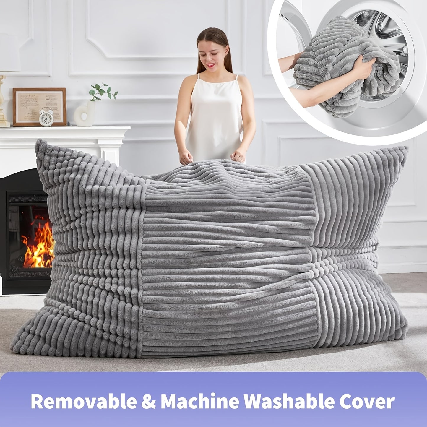 3-in-1 Multifunctionele Lounge Sofa – Zitzak – Vloerkussen – Bedbank – Slaapbed – Lichtgrijs – Hoogdicht Schuim – Afneembare Wasbare Hoes