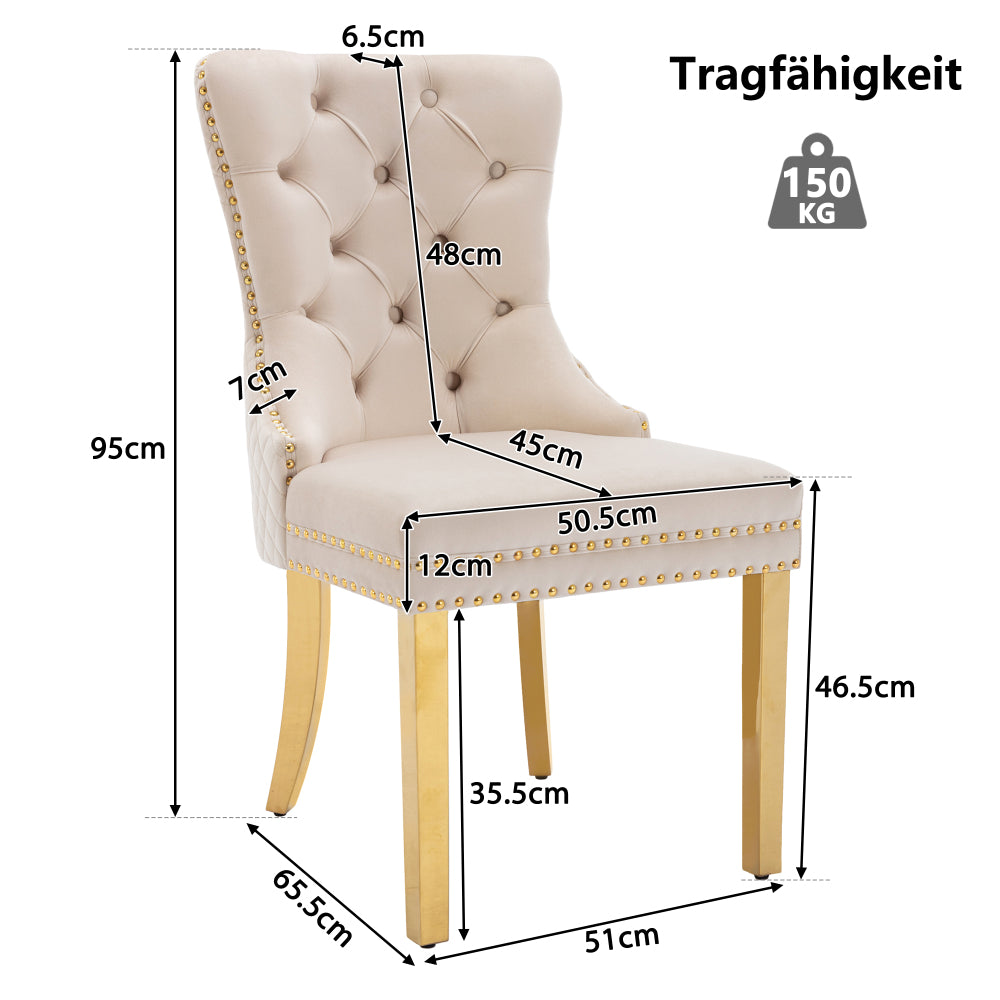 Eetkamerstoelen – Stoelen – Kuipstoelen – Keukenstoelen – Dining Chairs – Set van 2 – Beige Velvet Bekleding – Gouden Metalen Poten met Nagelrand