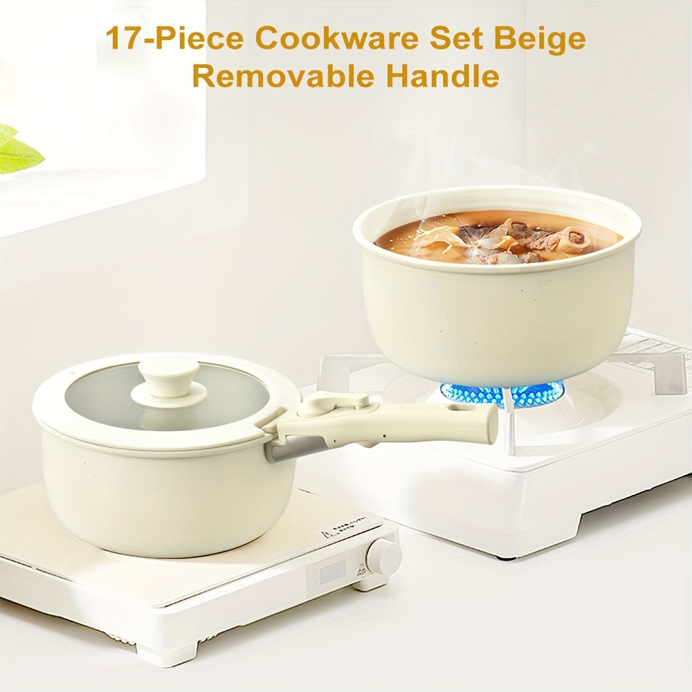 Keramische Pannenset – Kookpannenset – Koekenpannen – Non-stick Pannen – Kookgerei Set – 17-delig – Afneembare Handgrepen – Geschikt Voor Oven & Vaatwasser
