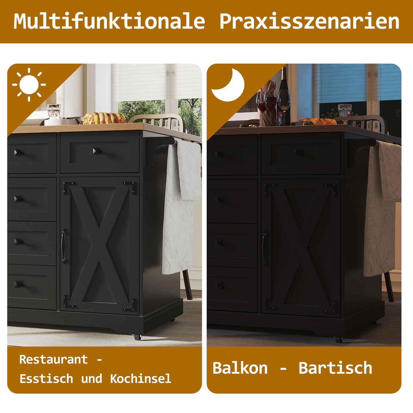 Multifunctionele Keukentrolley – Serveerwagen – Werkbank – Buffetwagen – Opbergmeubel – Zwart Met Metalen Details – Klapsysteem Tot 70 Cm – Mobiel Met Wieltjes