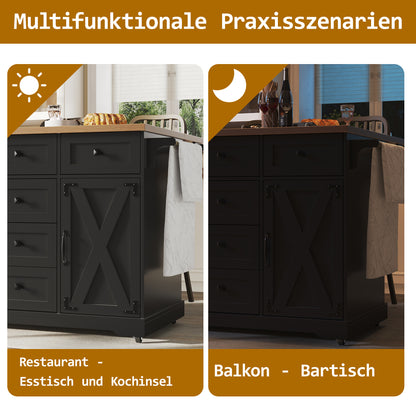 Multifunctionele Keukentrolley – Serveerwagen – Werkbank – Buffetwagen – Opbergmeubel – Zwart Met Metalen Details – Klapsysteem Tot 70 Cm – Mobiel Met Wieltjes
