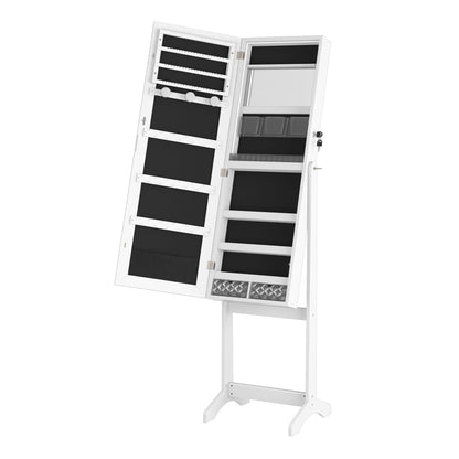 Sieradenkast – Sieradendoos – Juwelenkast – Sieradenrek – Staande Spiegelkast – Verstelbare Spiegel – Slot Met 2 Sleutels – Ruime Opbergruimte – MDF Wit Zwart – 152x39,5x36,5 cm – Ruimtebesparend Design