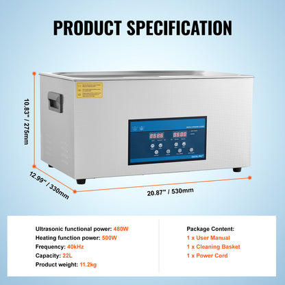 Ultrasoonreiniger – Ultrasoon Wasmachine – Ultrasoonreiniger Met Verwarming – Ultrasoon Reinigingsapparaat – Ultrasoonbad – 22 Liter Capaciteit – Dual Frequency Technologie – Ingebouwde Verwarming 80°C