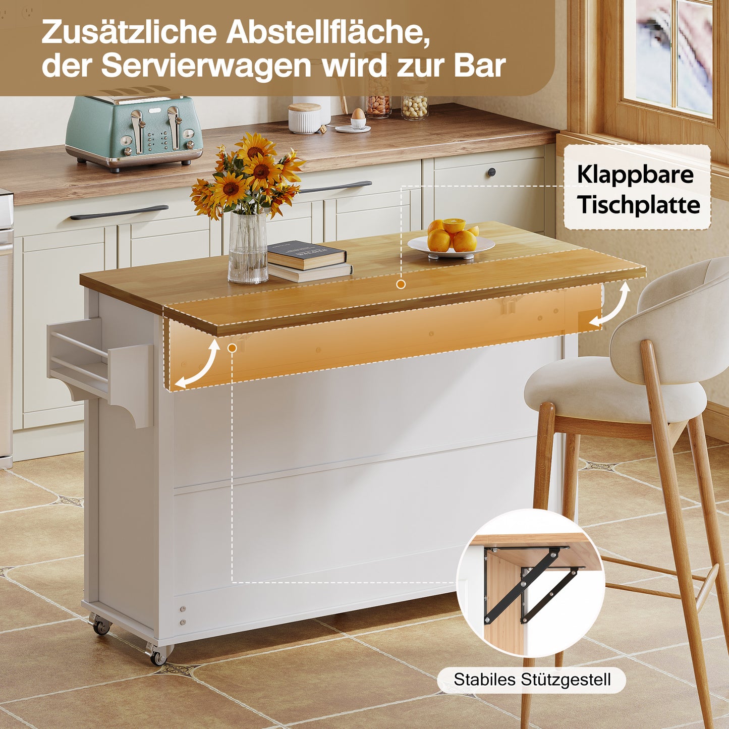Keukeneiland – Keukentrolley – Keukenkast – Buffetkast – Serveerwagen – Uitklapbaar Werkblad 70 cm – Stevig MDF Wit 140x43(70)x90,5 cm