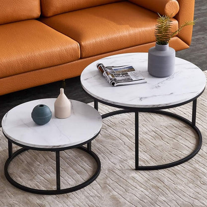 Bijzettafel – Salontafel – Koffietafel – Tafeltje – Stapelbare Tafels – Modern Design – Zwart Metalen Frame – Marmerlook Tafelblad
